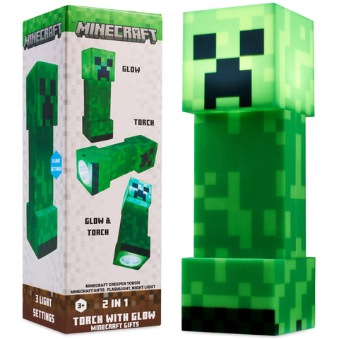 Minecraft Creeper Torch night light with soft glow for bedtime reading.