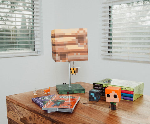Minecraft grass-block base provides sturdy, playful decor