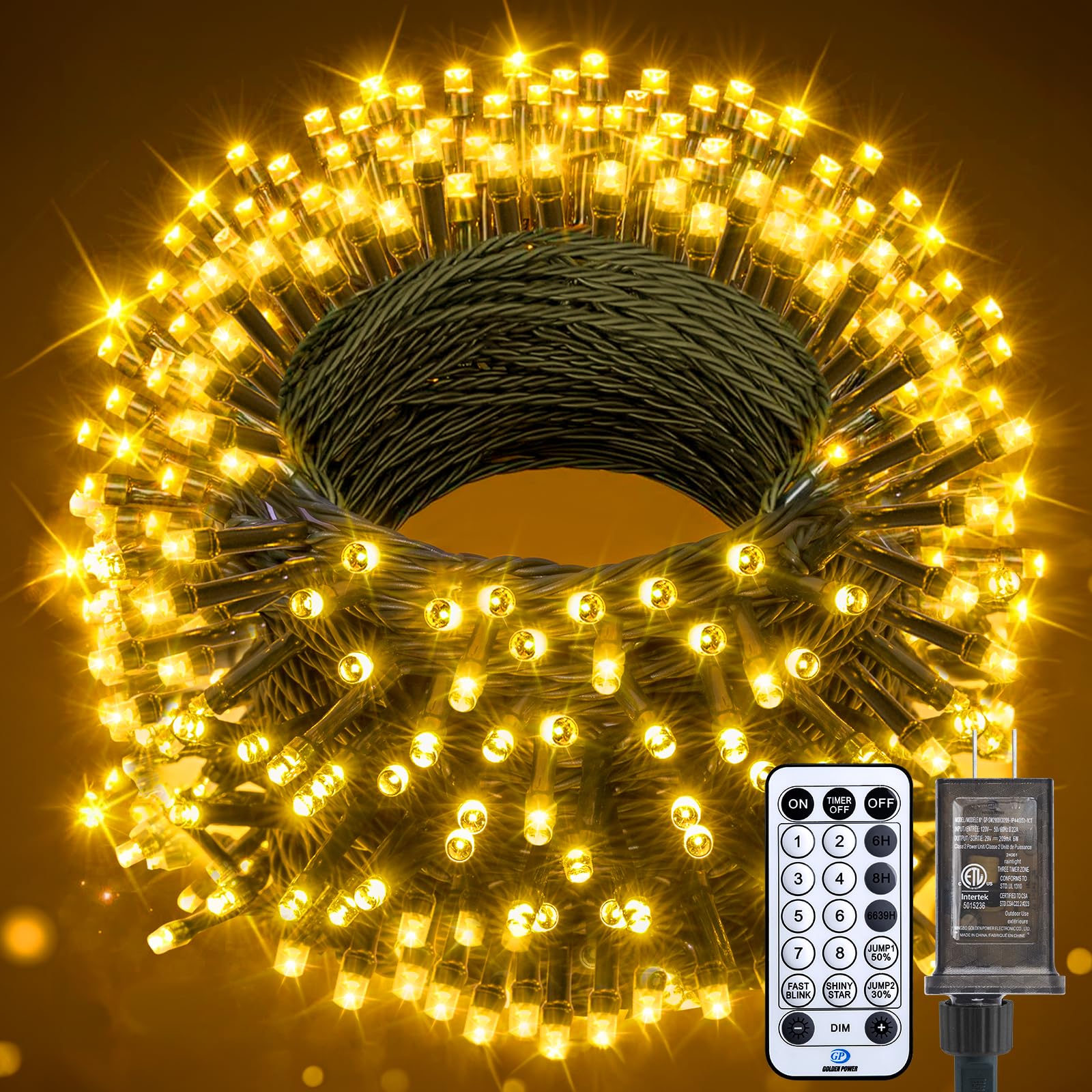 Minetom 66ft 200 LED outdoor Christmas lights with warm white glow on green wire