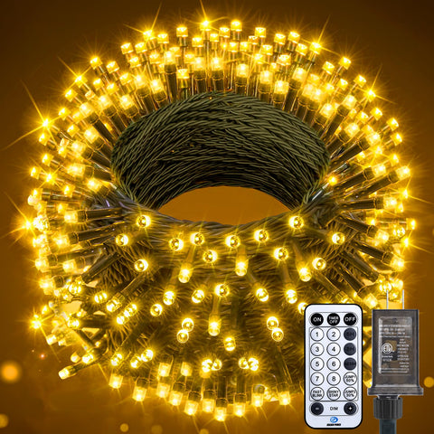 Minetom 66ft 200 LED outdoor Christmas lights with warm white glow on green wire