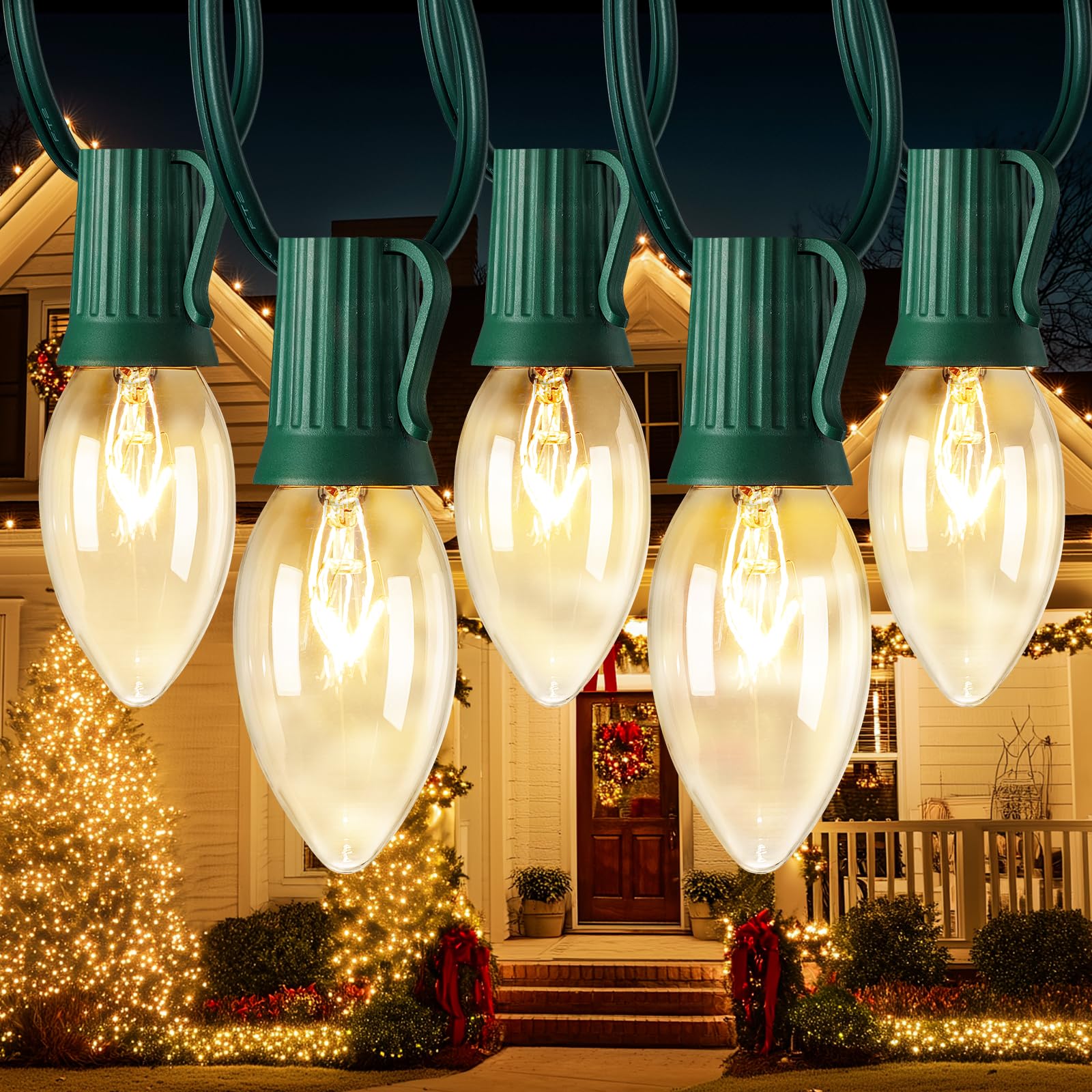 Minetom C9 clear bulbs on 100 ft string producing warm winter glow