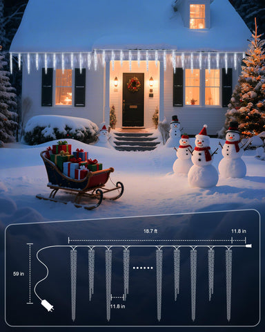 Minetom Icicle Lights clip-in setup for easy eave hanging.