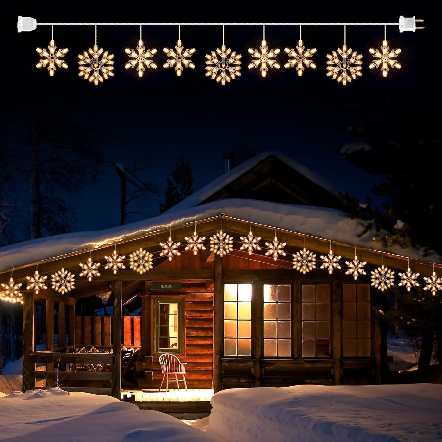 Minetom Snowflake icicle lights brighten the front porch for festive outdoor ambience.