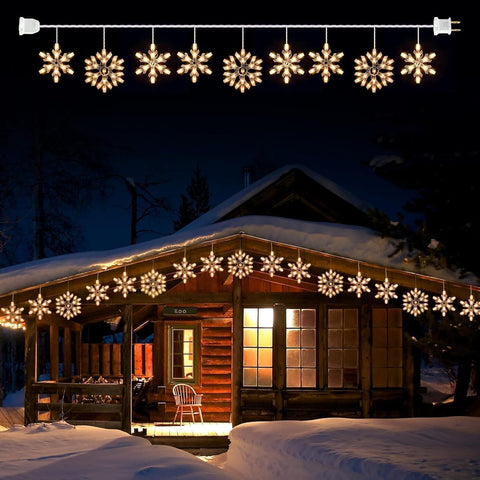 Minetom Snowflake icicle lights brighten the front porch for festive outdoor ambience.