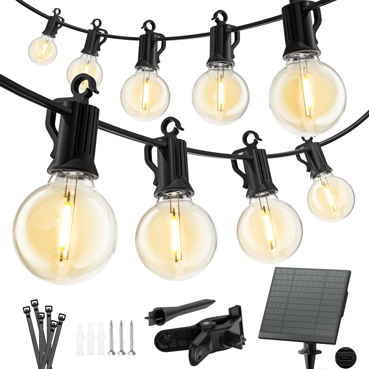 Minetom solar outdoor lights illuminate a 38-foot backdrop for outdoor gatherings.