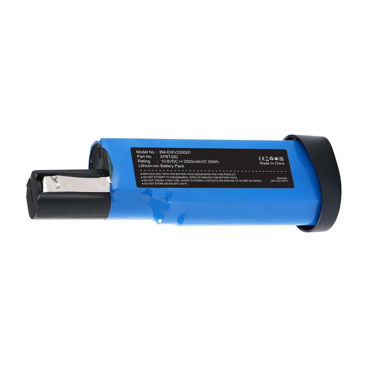 Mingeris XFBT200 10.8V battery front view showing compact size and fit for Shark vacuums
