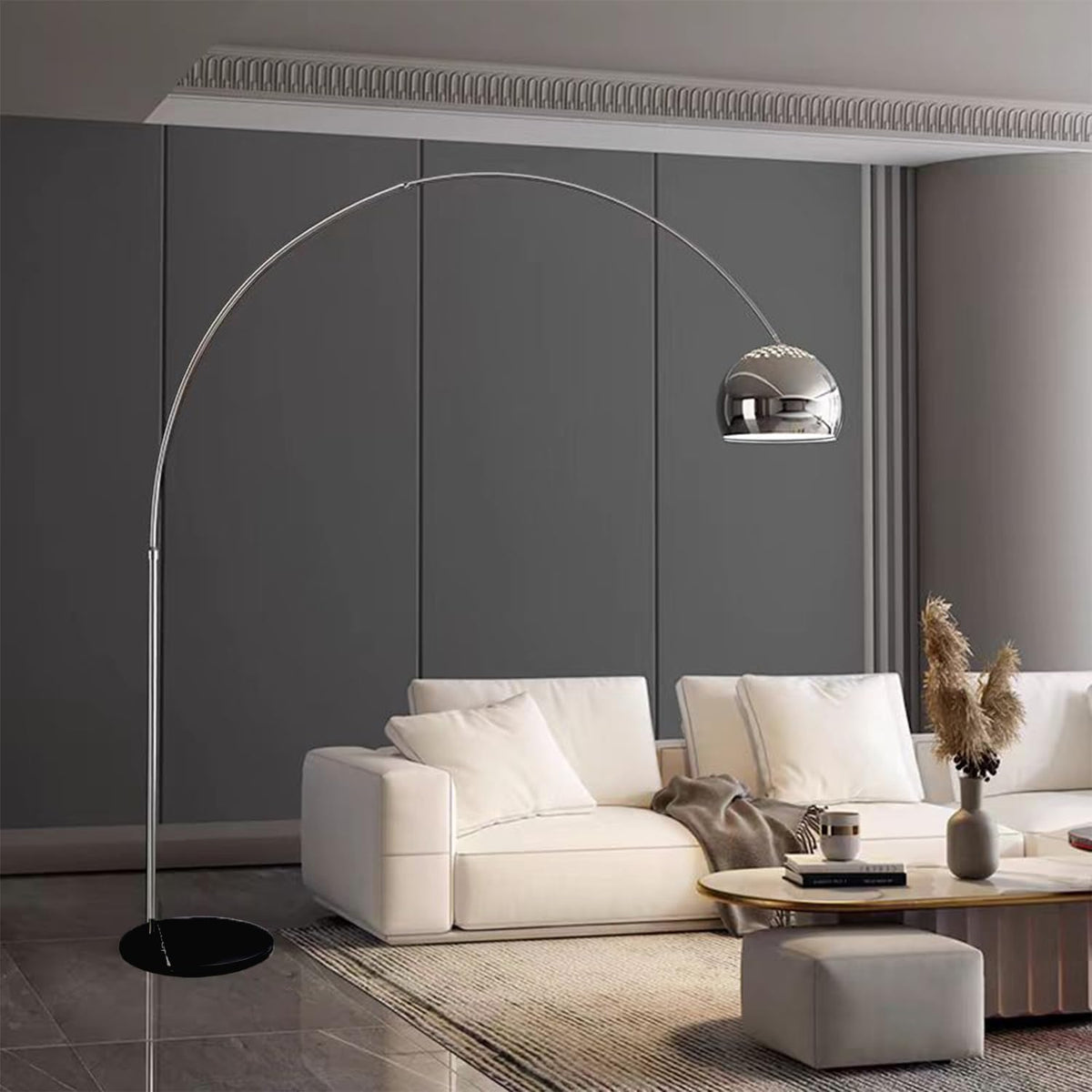 Mingfitow arc lamp with black marble base creates a dramatic living room focal point for cozy evenings