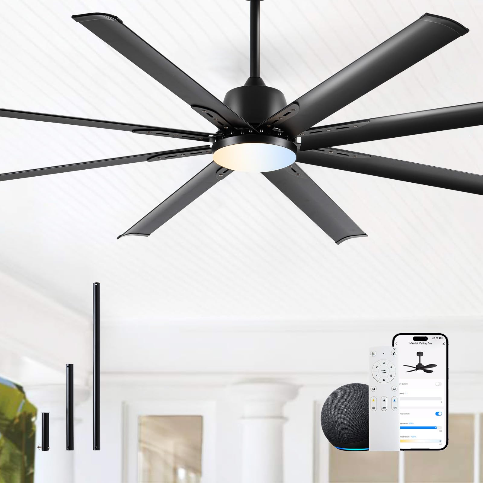 Minislak 72-inch industrial ceiling fan with light in a large room for wide airflow