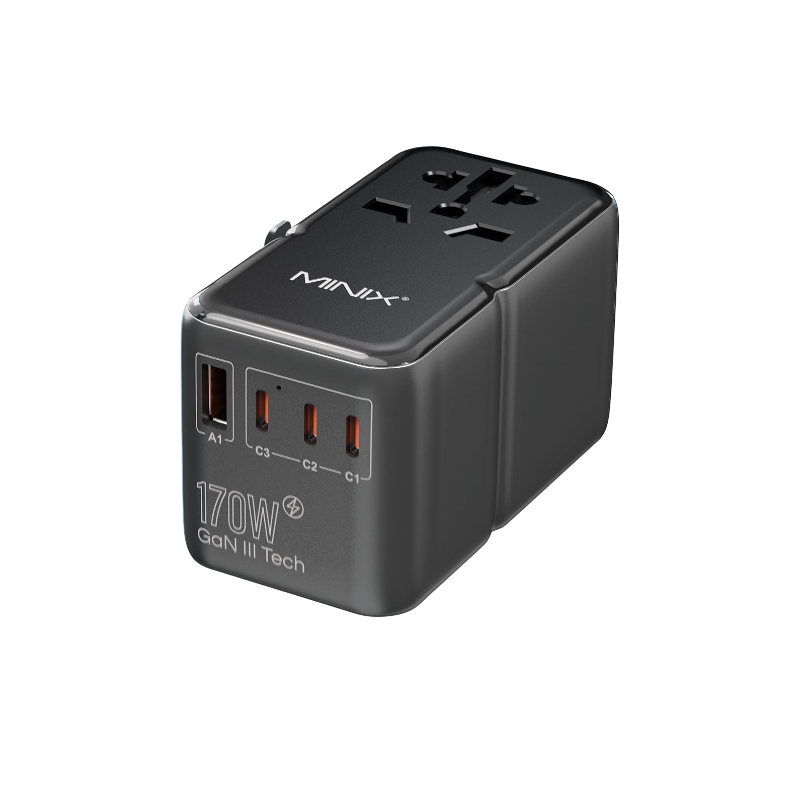 MINIX 170W GaN III travel adapter front view charging a laptop on the go
