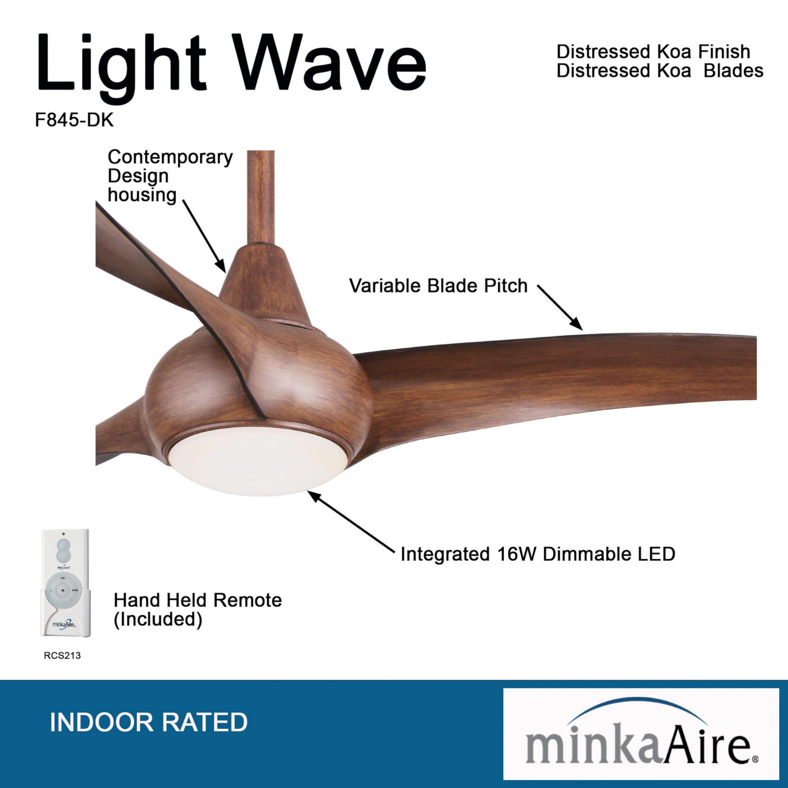 Minka-Aire F845-DK remote control enabling convenient fan speed and light dimming
