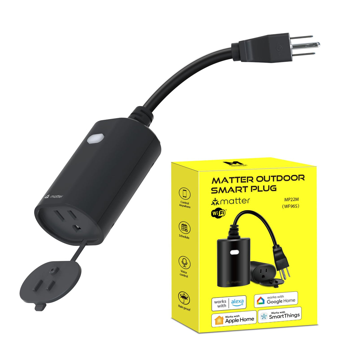 Minoston Matter outdoor smart plug with IP65 protection for reliable outdoor use.