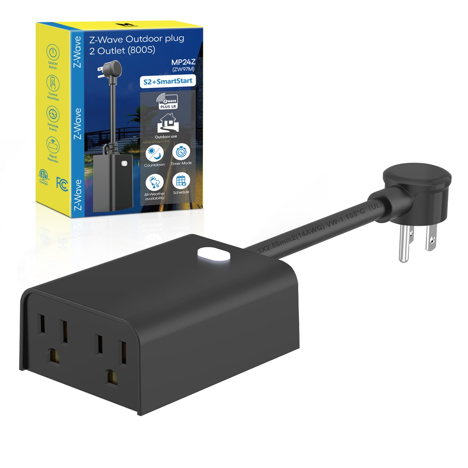 Minoston MP24Z outdoor dual-outlet plug for remote outdoor lighting control.