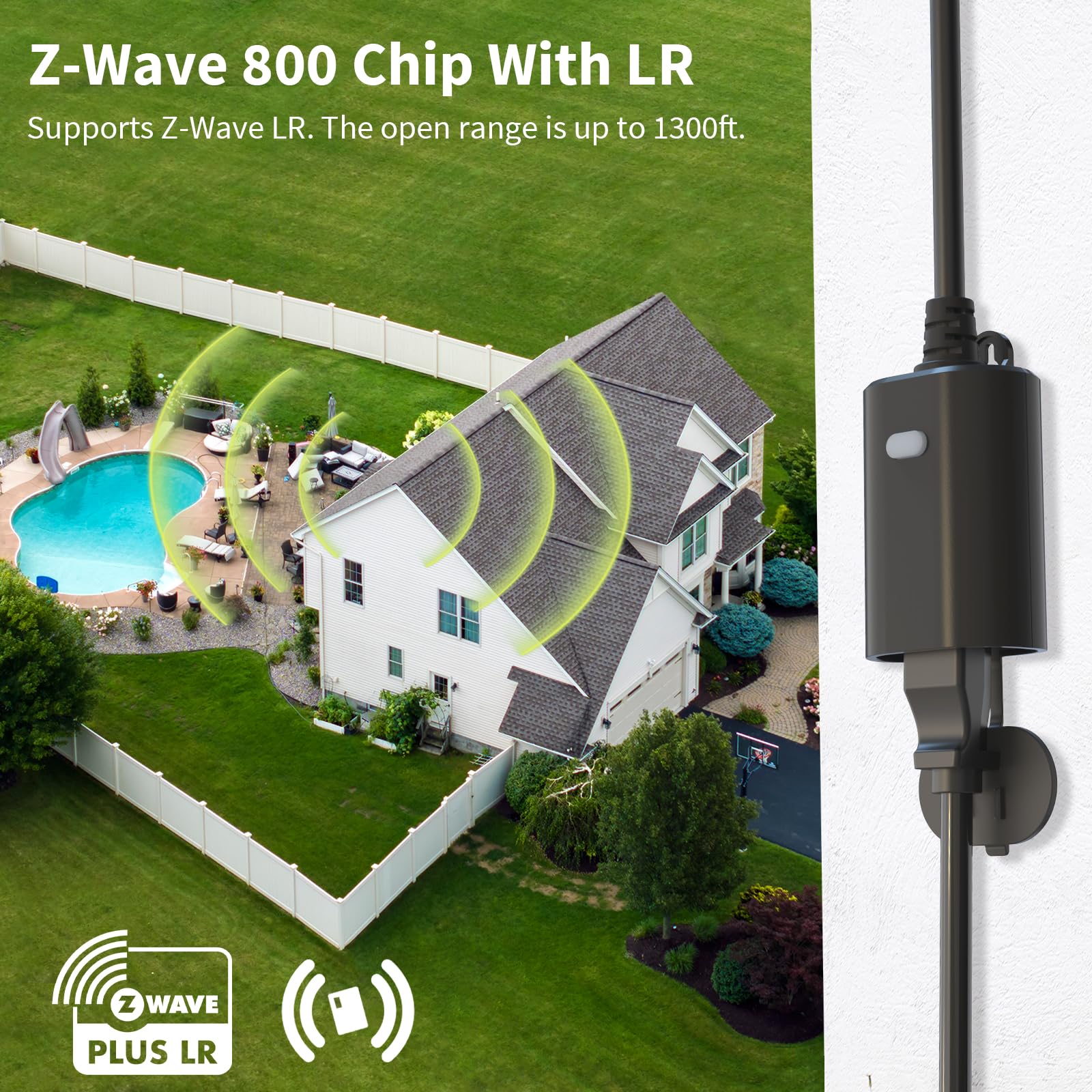 Minoston outdoor Z-Wave plug side view highlighting weatherproof housing for patios and gardens