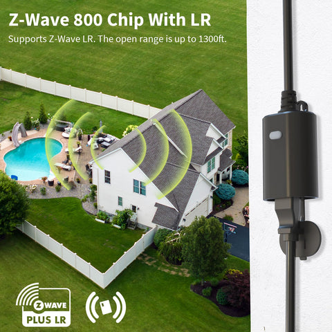 Minoston outdoor Z-Wave plug side view highlighting weatherproof housing for patios and gardens