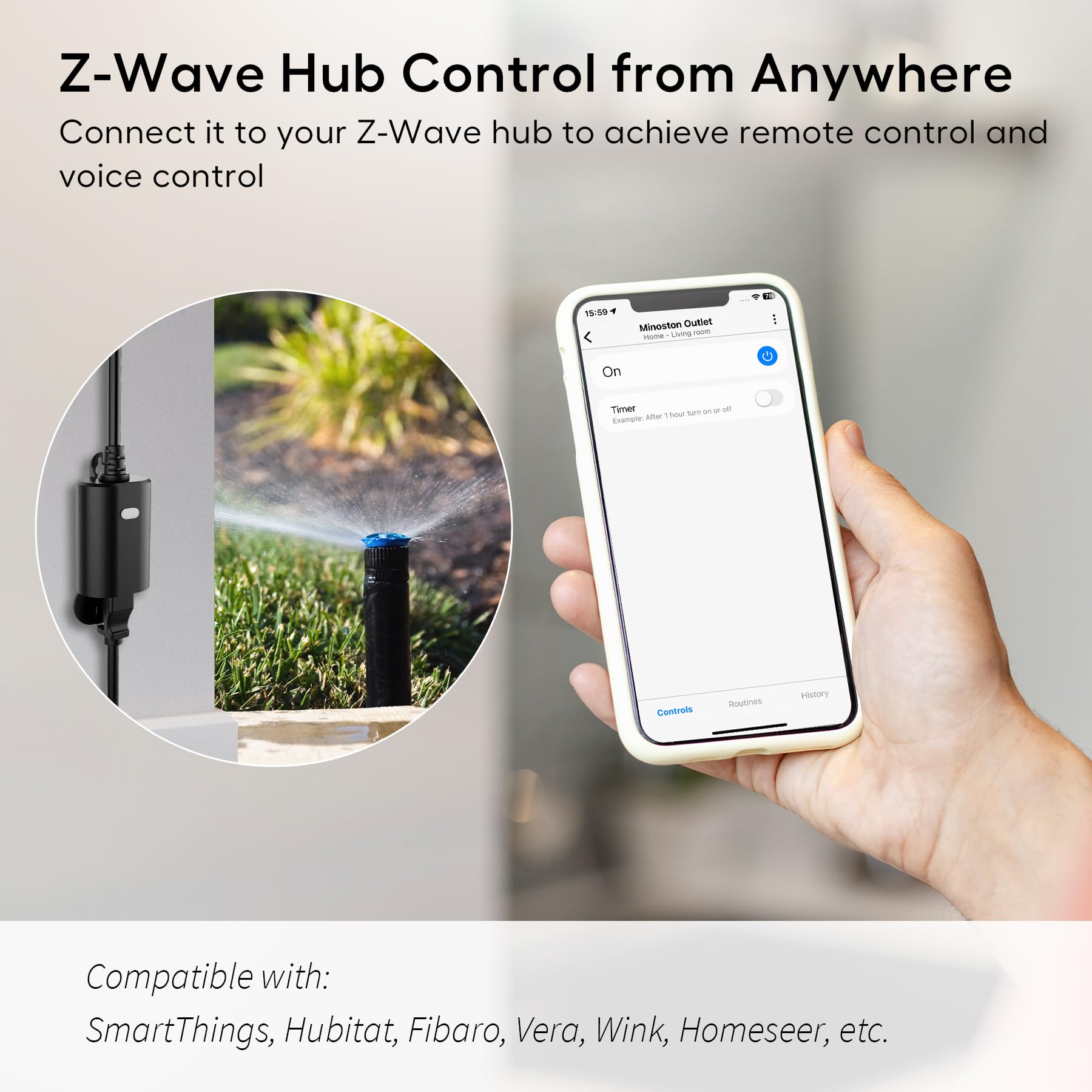 Minoston outdoor Z-Wave plug with wiring setup demonstrates easy outdoor deployment