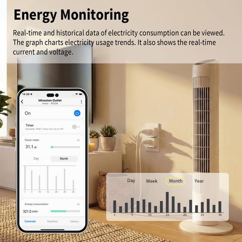 Minoston Zwave Plug Energy Monitor showing usage insights for savings.