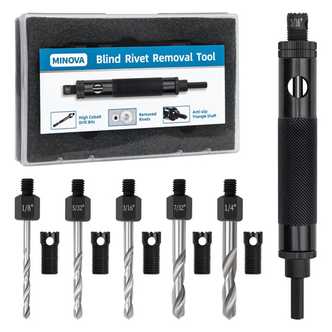 Minova rivet removal tool with multi-size bits for efficient rivet work