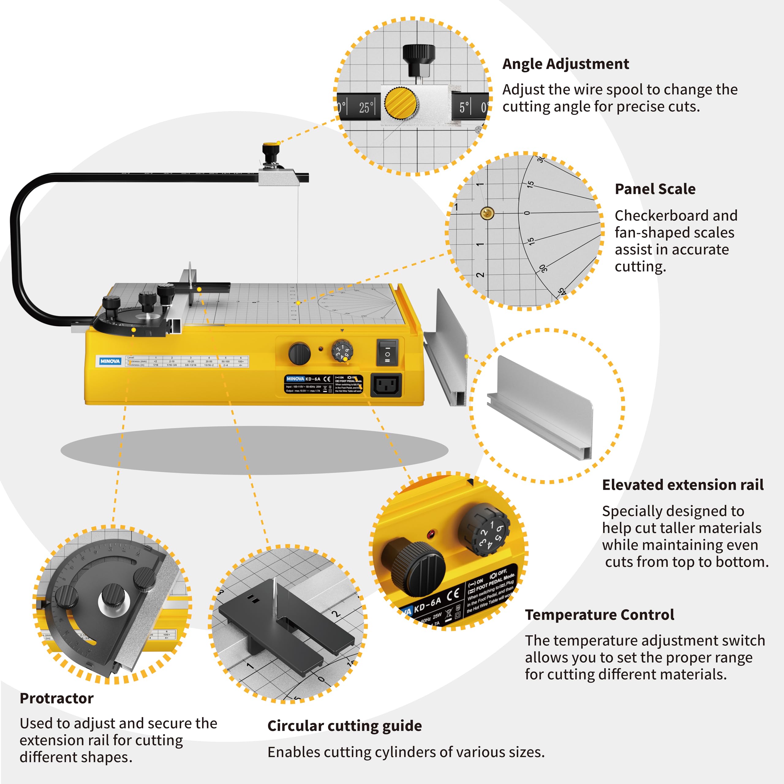 Minova smooth aluminum worktable provides stable, clean cuts.