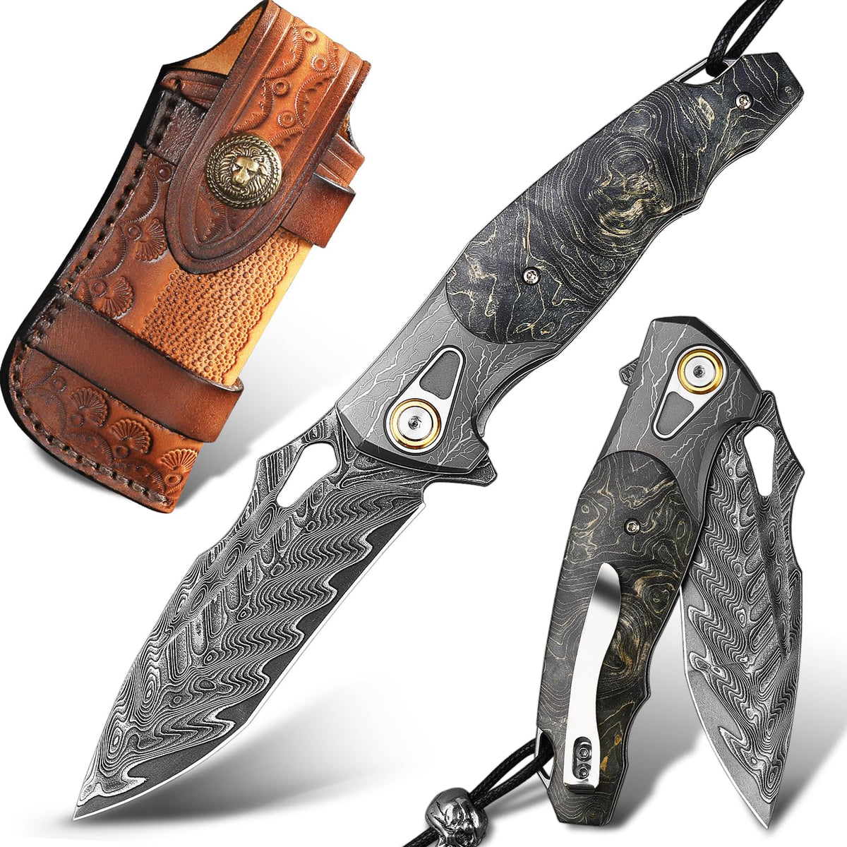 Minowe Damascus steel pocket knife blade close-up showing razor edge for precision tasks.