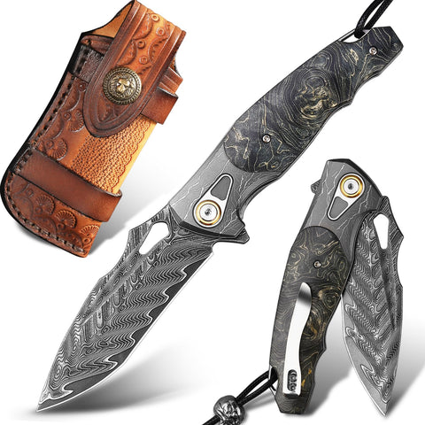 Minowe Damascus steel pocket knife blade close-up showing razor edge for precision tasks.