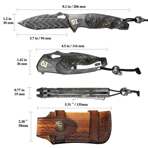 Minowe Damascus steel pocket knife handle stabilized wood with unique grain providing grip.