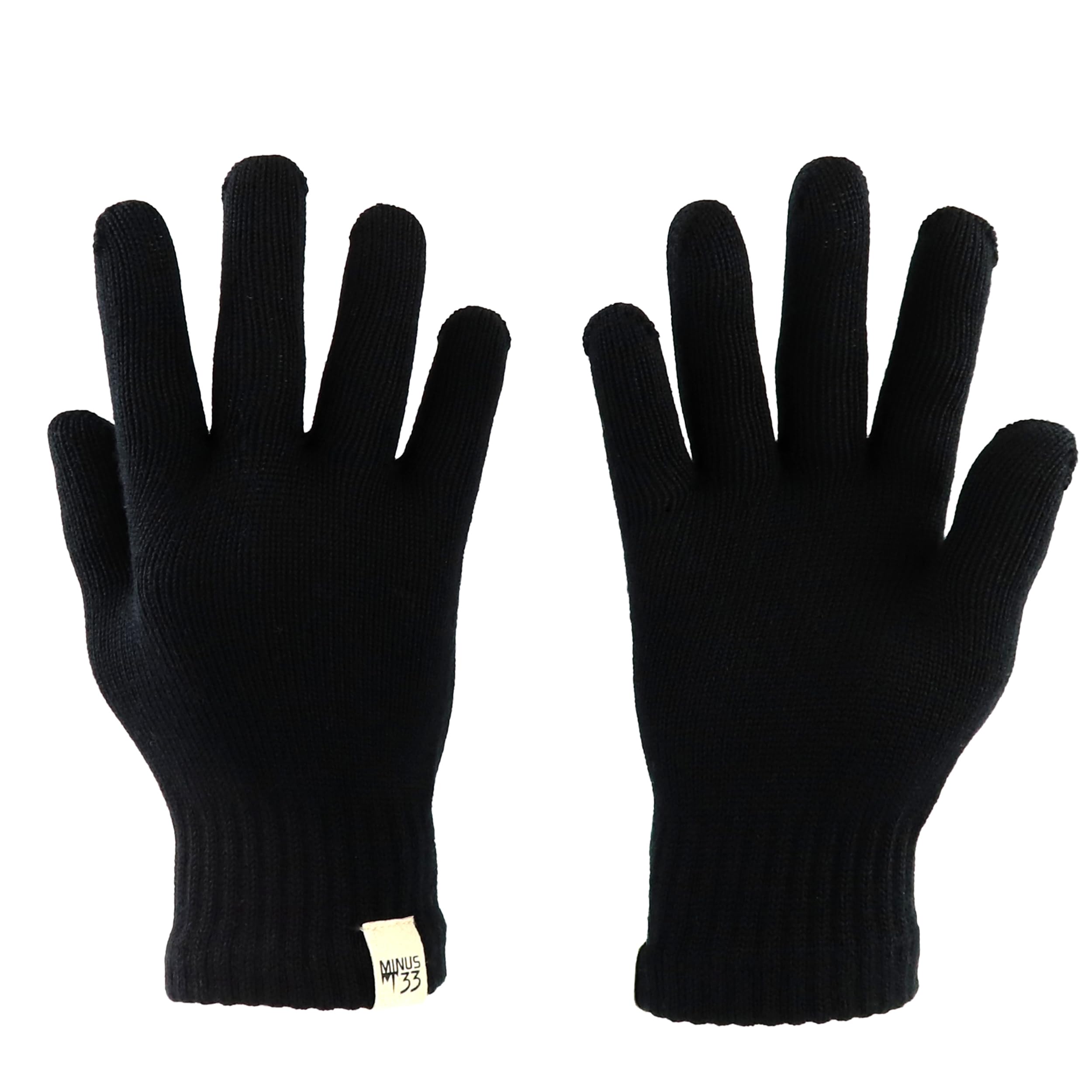 Minus33 Merino Wool Glove Liner in black flatlay highlighting warmth and fit