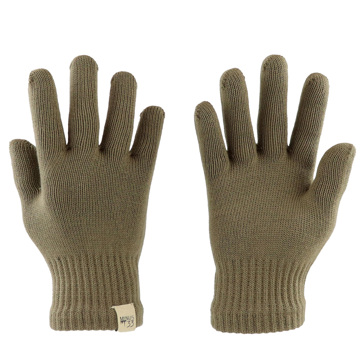 Minus33 Merino Wool Glove Liner in tan demonstrates a warm base layer for skiing or icy days.