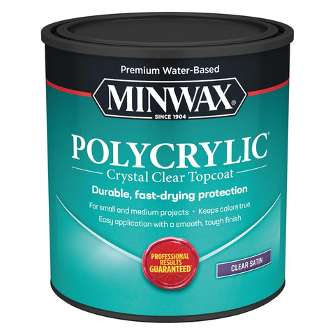Minwax Clear Polycrylic Satin bottle; provides crystal-clear protection for wood surfaces.
