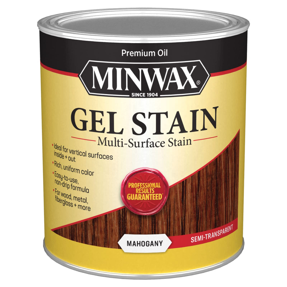 Minwax Gel Stain Mahogany bottle pour demonstrates controlled color on wood.