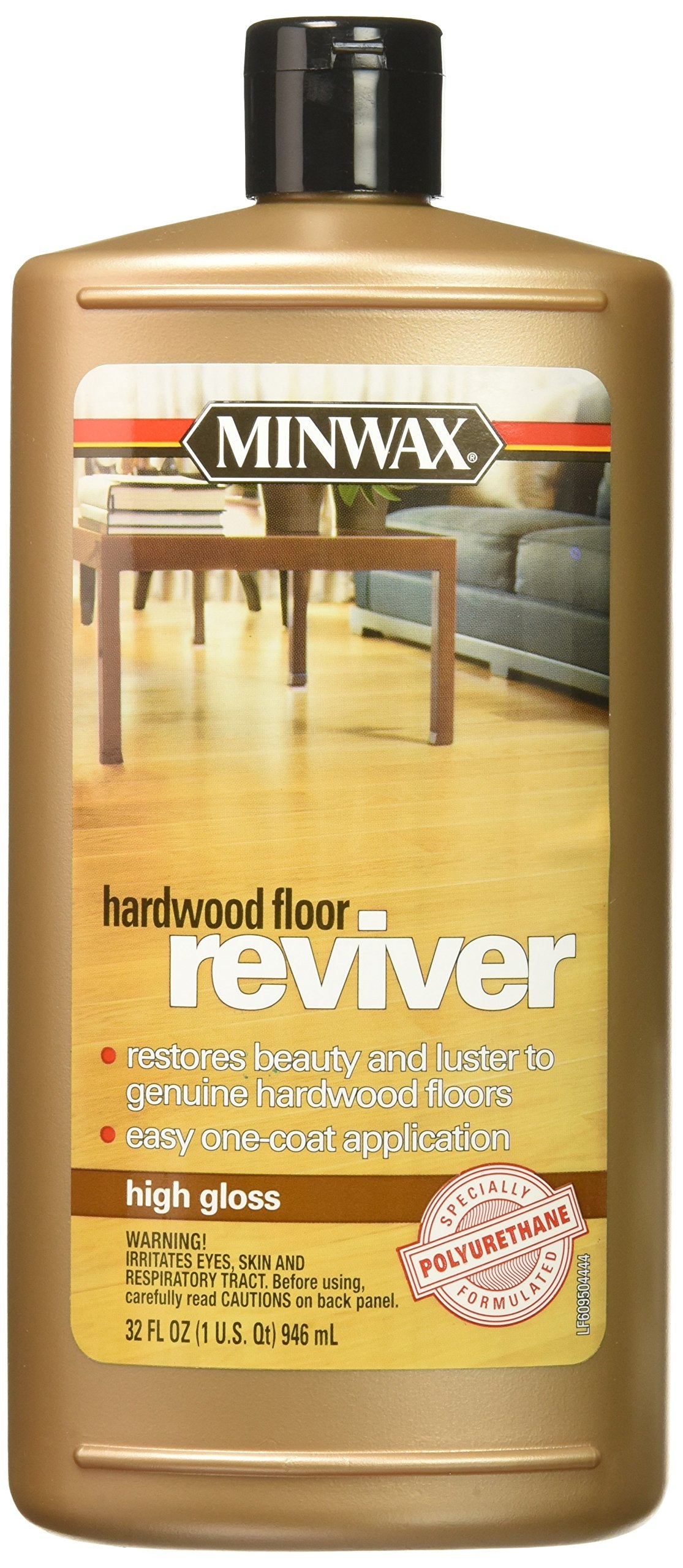 Minwax Hardwood Floor Reviver bottle ready to restore high-gloss shine.