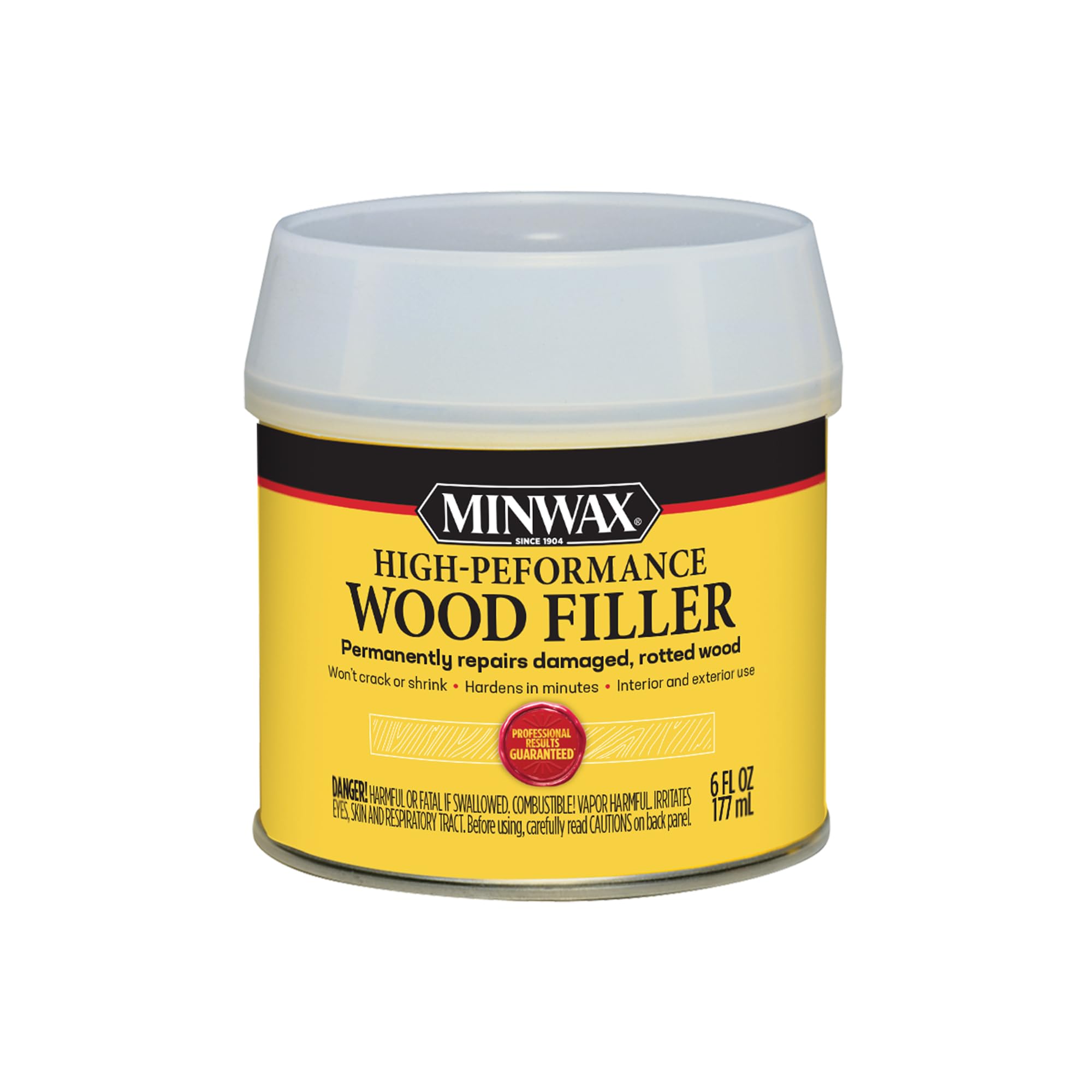 Minwax High-Performance Wood Filler 6-Ounce can label for durable indoor/outdoor repairs
