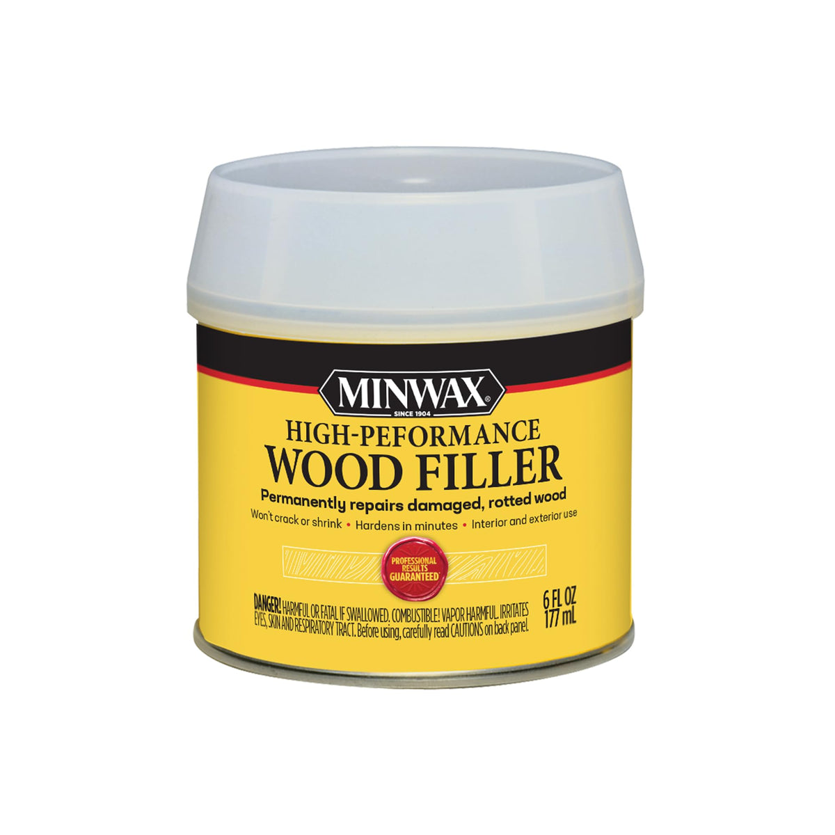 Minwax High-Performance Wood Filler 6-Ounce can label for durable indoor/outdoor repairs