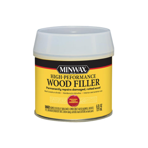 Minwax High-Performance Wood Filler 6-Ounce can label for durable indoor/outdoor repairs