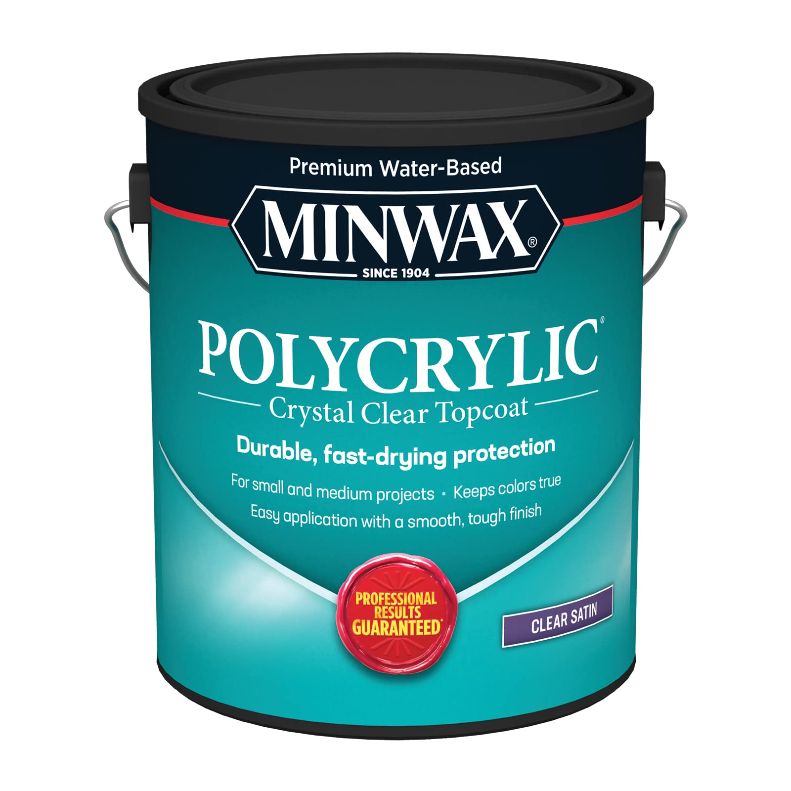 Minwax Polycrylic bottle pour shows fast-drying clear protection for wood surfaces.