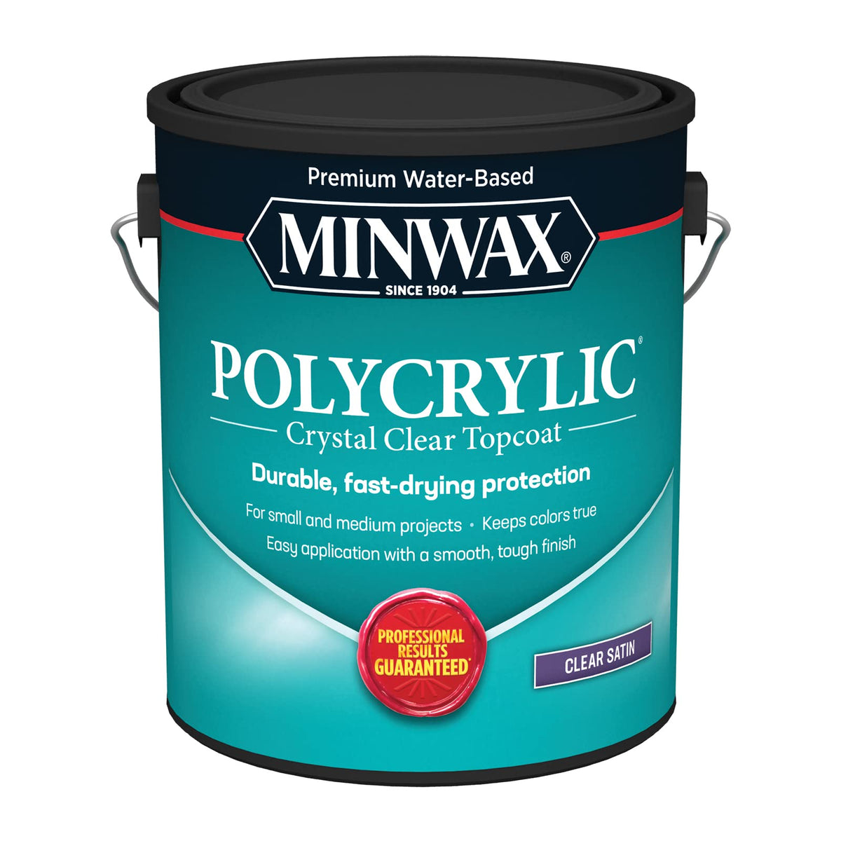 Minwax Polycrylic bottle pour shows fast-drying clear protection for wood surfaces.