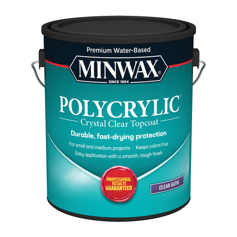 Minwax Polycrylic bottle pour shows fast-drying clear protection for wood surfaces.