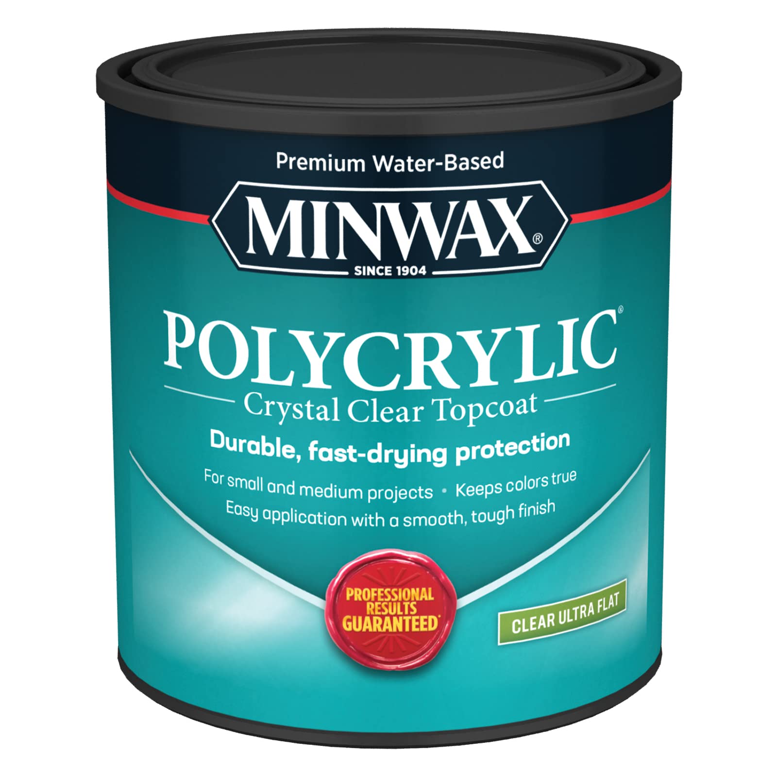 Minwax Polycrylic protective finish bottle, clear coat guarding interior wood surfaces
