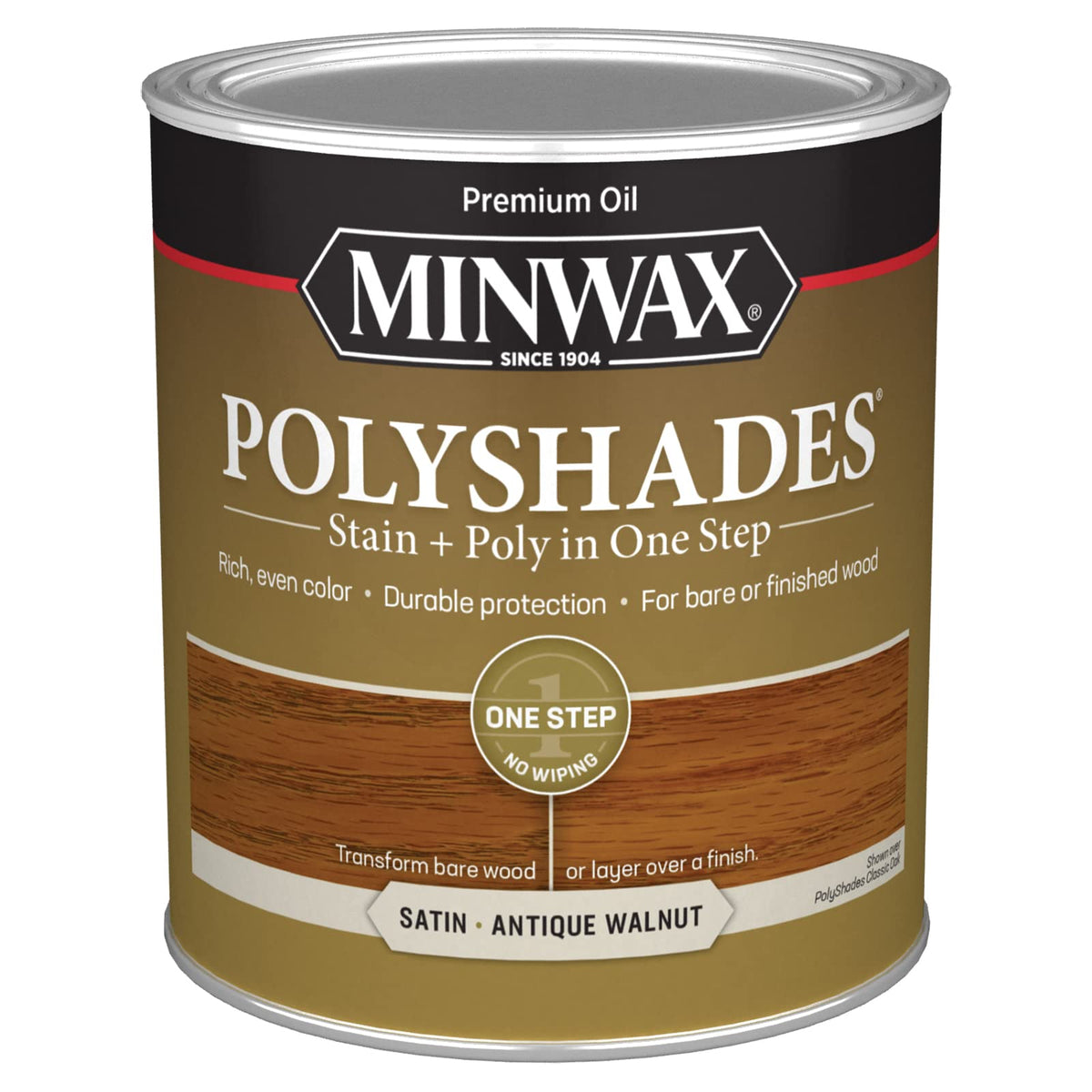 Minwax PolyShades antique walnut satin finish enhances furniture grain.