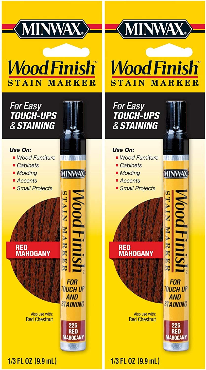 Minwax Wood Finish Stain Marker in Red Mahogany, ideal for quick touch-ups on wood furniture.