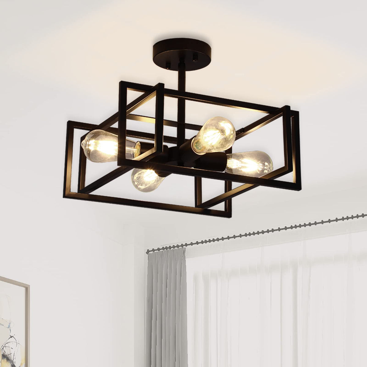 Minyuco black ceiling light four-light square cage from the front for a bold modern look.