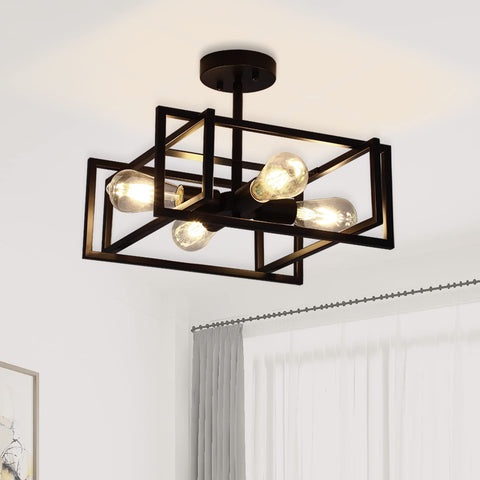 Minyuco black ceiling light four-light square cage from the front for a bold modern look.