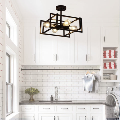 Minyuco industrial farmhouse fixture with square cage—eye-catching silhouette for dining room decor.
