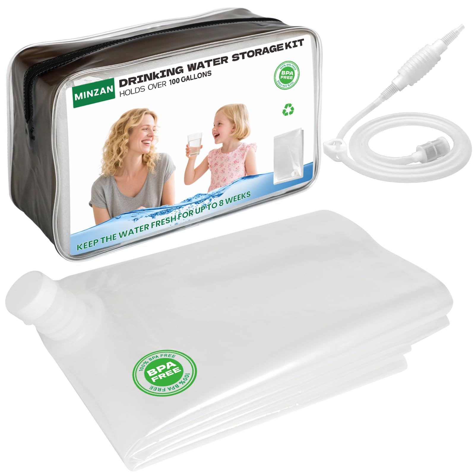 Minzan Water Bladder showing 100-gallon capacity for emergency storage.