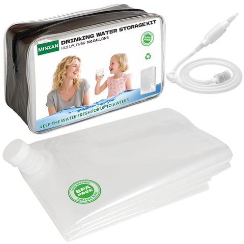 Minzan Water Bladder showing 100-gallon capacity for emergency storage.