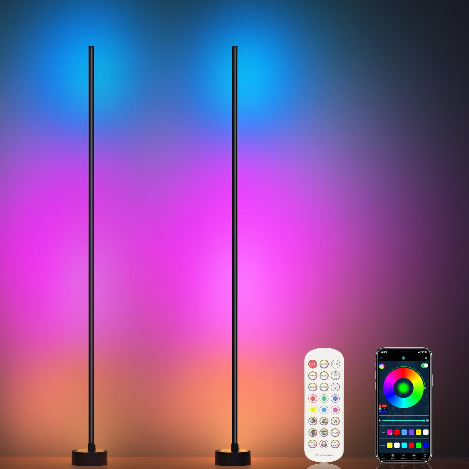 Miortior Corner Floor Lamp setup showing two lamps in a living room corner for balanced ambient lighting
