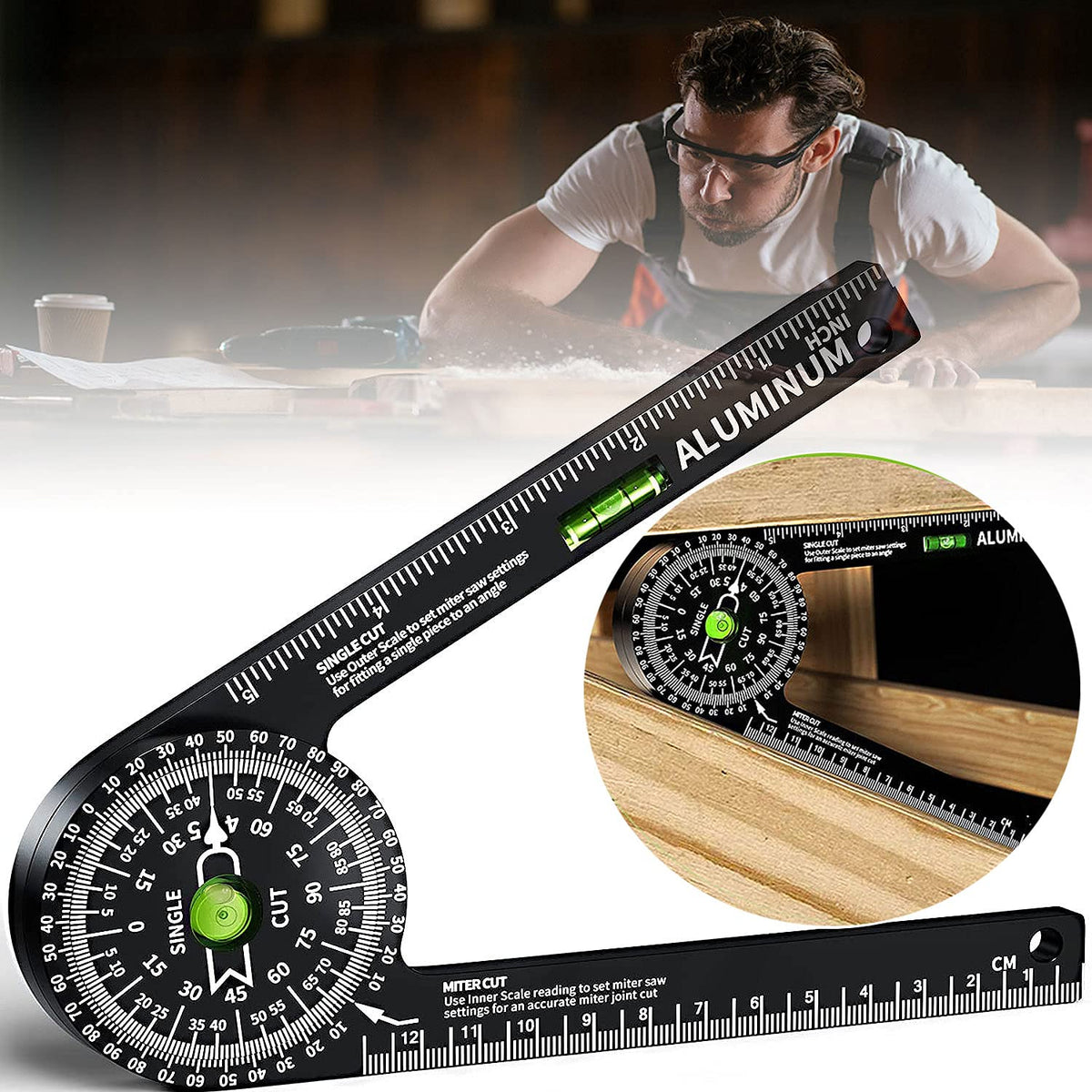 Miotorio miter saw protractor with 360-degree rotation for precise angle setup.