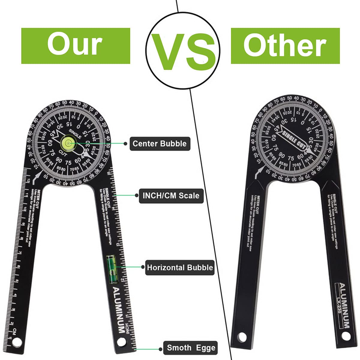 Miotorio protractor includes built-in level gauge for quick checks.