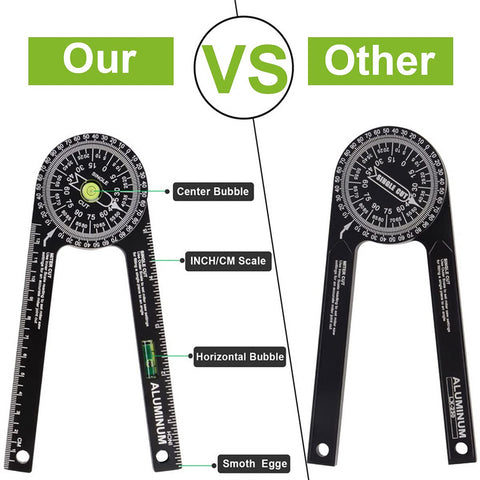 Miotorio protractor includes built-in level gauge for quick checks.