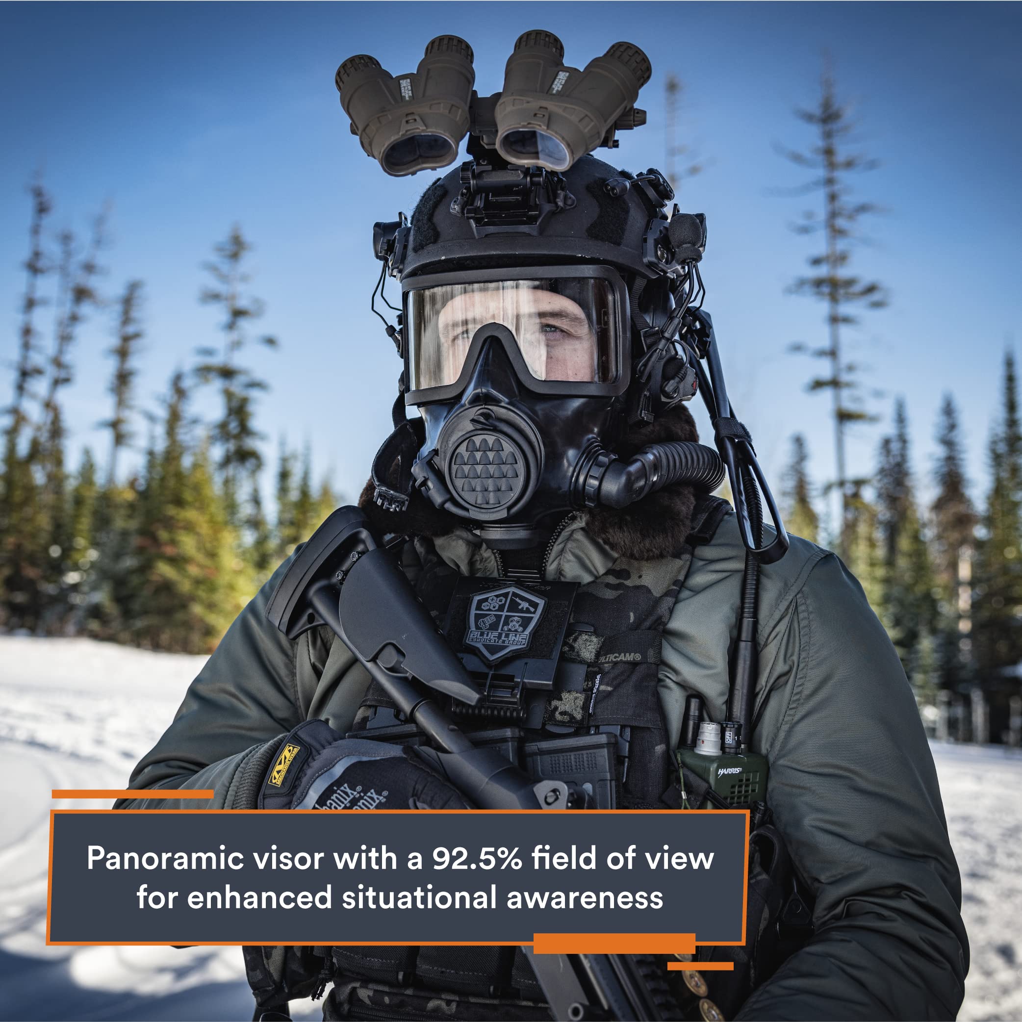 Mira Safety CM-8M canteen drinking system demonstrating built-in hydration.