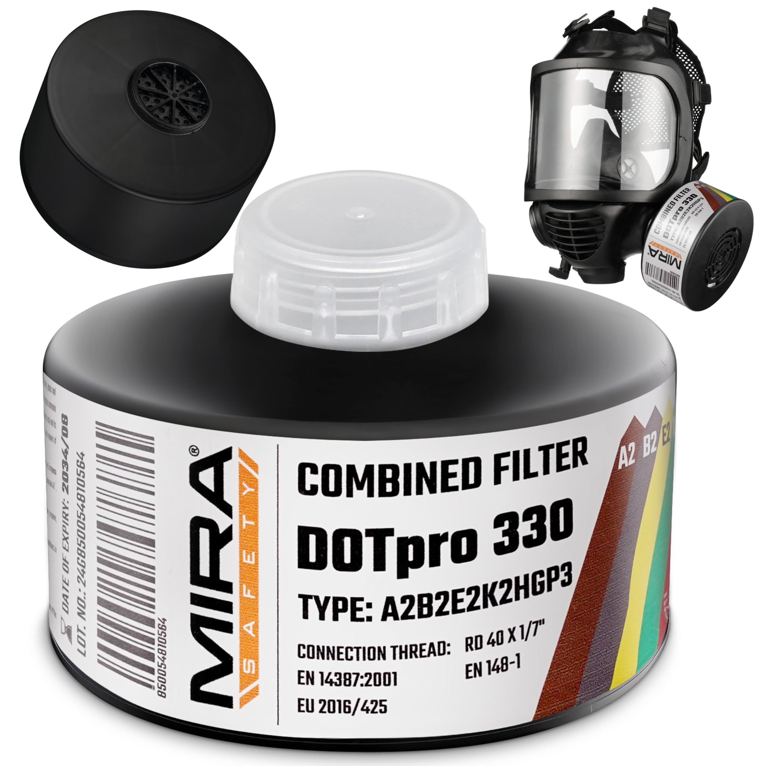 MIRA Safety DotPro 330 filter close-up highlighting rugged build and 40mm NATO compatibility for reliable filtering.